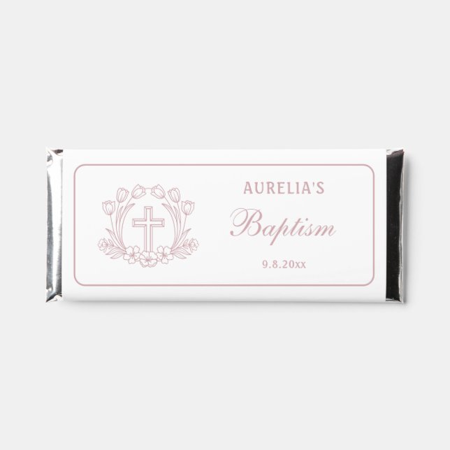 Simple Floral Pink Cross Baptism Hershey Bar Favors (Front)