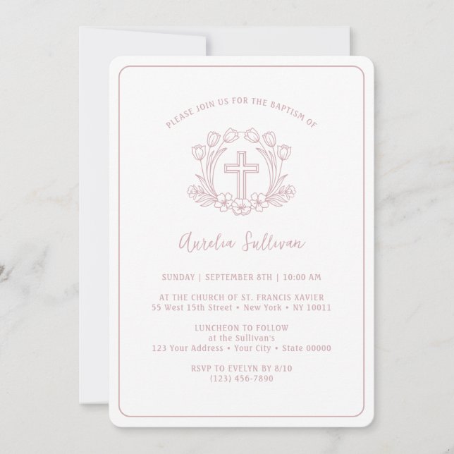 Simple Floral Pink Cross Baptism Invitation (Front)