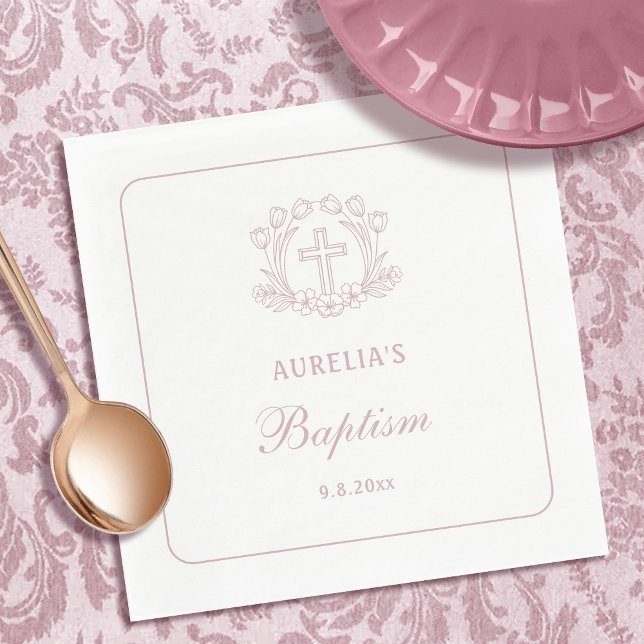Simple Floral Pink Cross Baptism Napkins (Creator Uploaded)