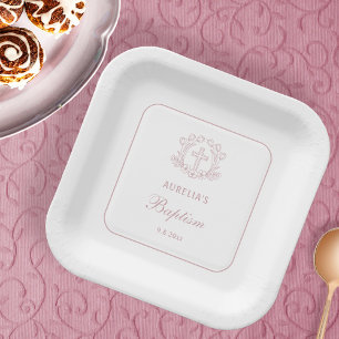 Simple Floral Pink Cross Baptism Square Paper Plates