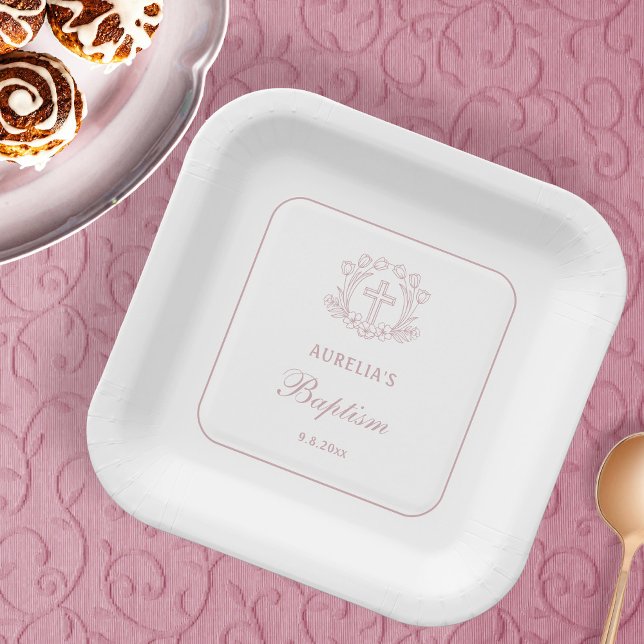 Simple Floral Pink Cross Baptism Square Paper Plates (Creator Uploaded)