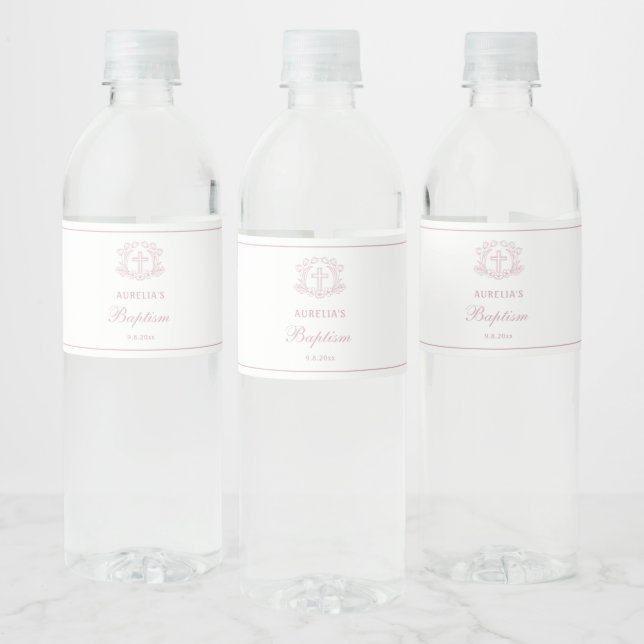 Simple Floral Pink Cross Baptism Water Bottle Label (Bottles)