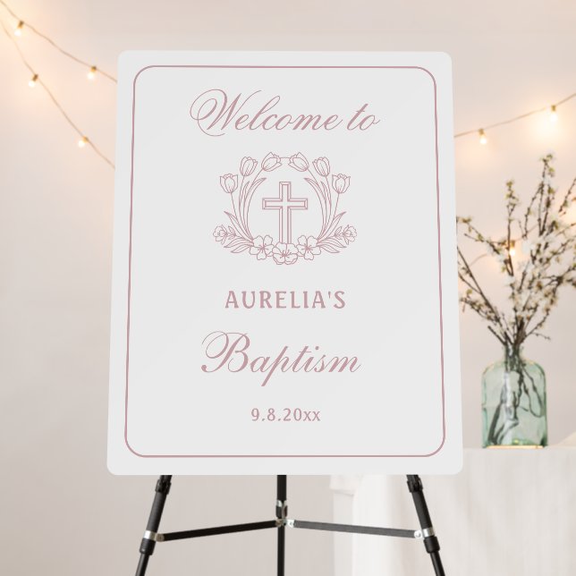 Simple Floral Pink Cross Baptism Welcome Foam Board (In Situ (Stand))