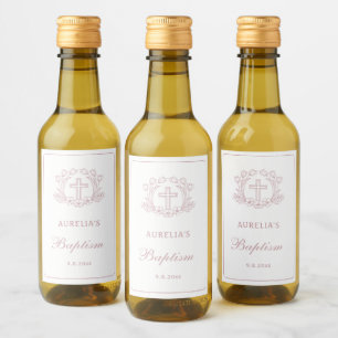 Simple Floral Pink Cross Baptism Wine Label