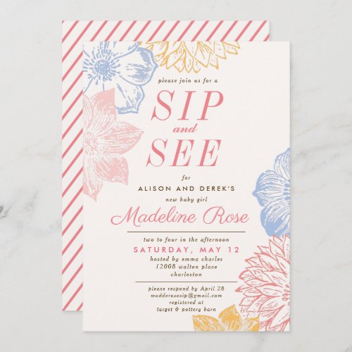 Simple Floral Pink Girl Sip and See Baby Shower Invitation