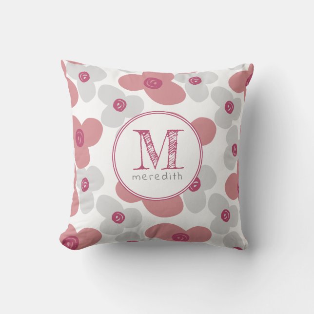 Simple Floral Pink Gray Baby Girl Cute Monogram Throw Pillow (Front)