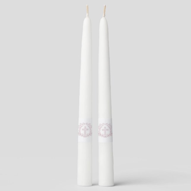 Simple Floral Pink Holy Cross Taper Candle (Front)