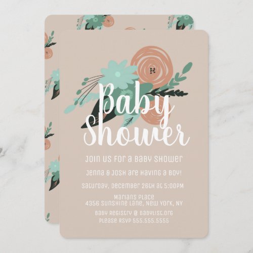 Simple Floral Poppy Peach Coral  Baby Shower Invitation