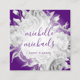 Simple Floral Purple & Silver Modern Script Square Business Card