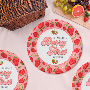 Simple Floral Red Strawberry Pattern Berry First Paper Plates
