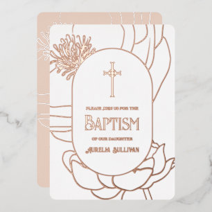 Simple Floral Rose Gold White Baptism Foil Foil Invitation