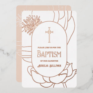 Simple Floral Rose Gold White Baptism Foil Invitation