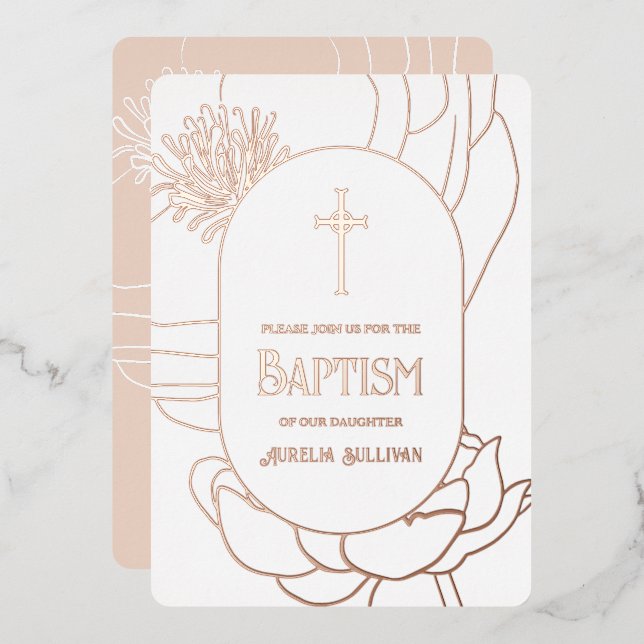 Simple Floral Rose Gold White Baptism Foil Invitation (Front/Back)