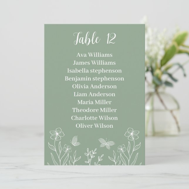 Simple floral sage green seating chart card (Standing Front)