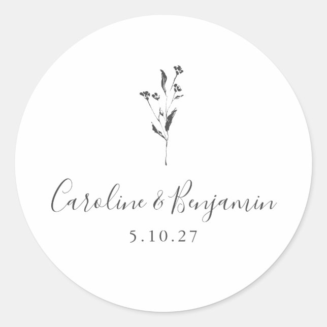 Simple Floral Script White Boho Wedding Custom Classic Round Sticker (Front)