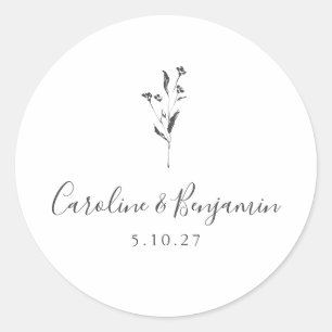Simple Floral Script White Boho Wedding Custom Classic Round Sticker
