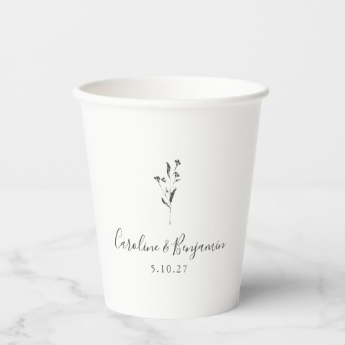 Simple Floral Script White Boho Wedding Custom Paper Cups