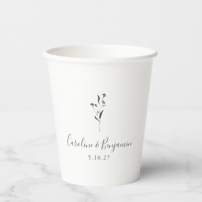 Simple Floral Script White Boho Wedding Custom Paper Cups (Front)