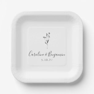 Simple Floral Script White Boho Wedding Custom Paper Plates