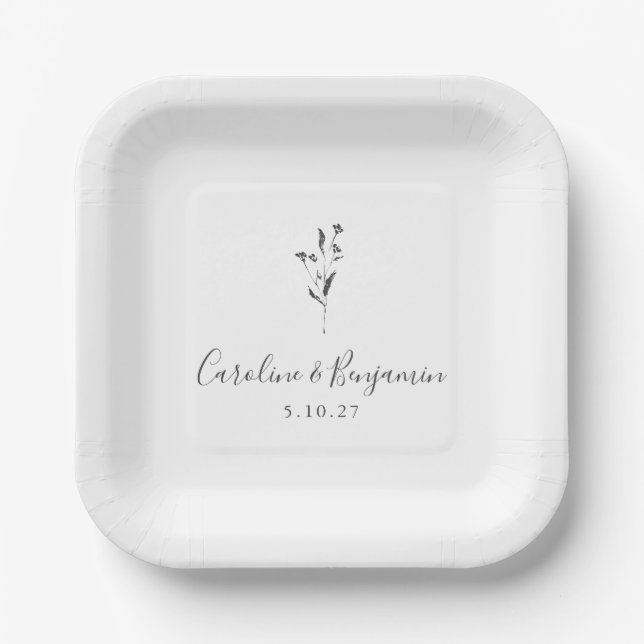Simple Floral Script White Boho Wedding Custom Paper Plates (Front)