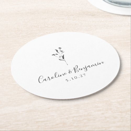 Simple Floral Script White Boho Wedding Custom Round Paper Coaster
