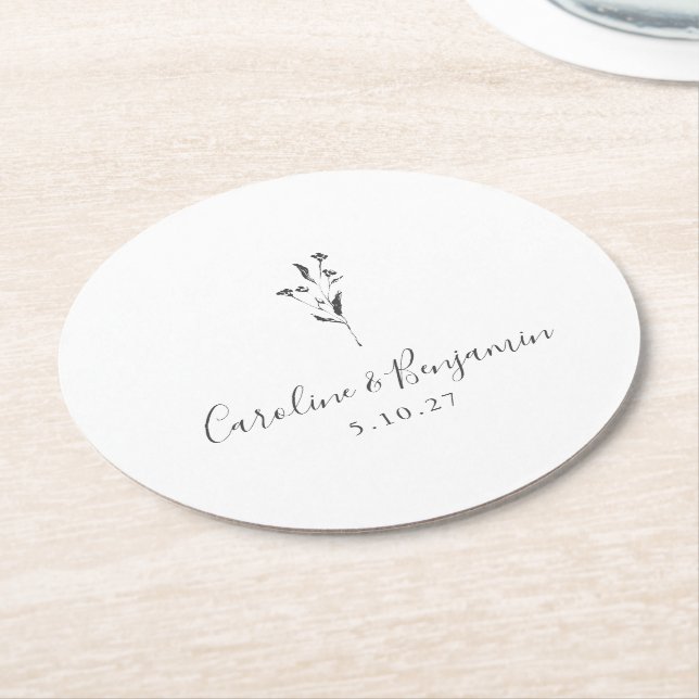 Simple Floral Script White Boho Wedding Custom Round Paper Coaster (Angled)