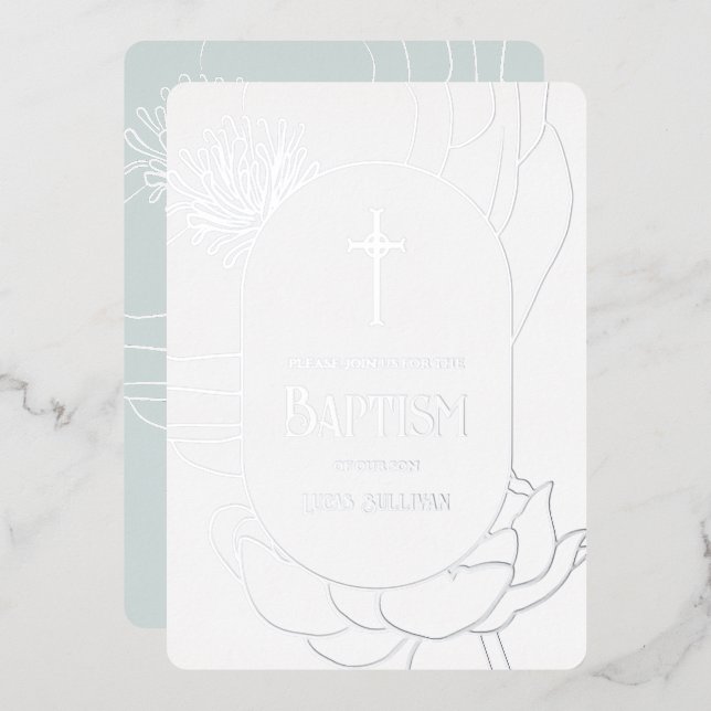 Simple Floral Silver White Aquamarine Baptism Foil Foil Invitation (Front/Back)