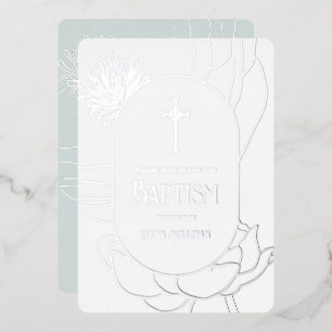 Simple Floral Silver White Aquamarine Baptism Foil Invitation