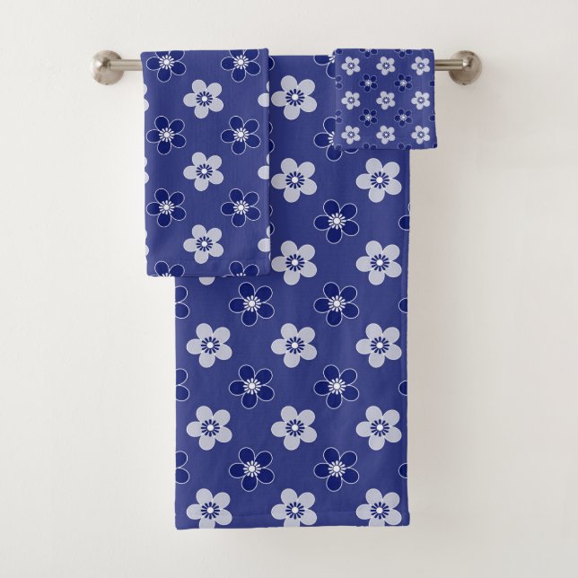 simple floral solid blue pattern retro small flowe bath towel set (Insitu)