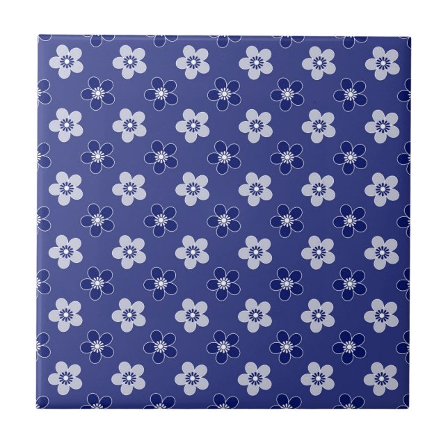 simple floral solid blue pattern retro small flowe ceramic tile (Front)