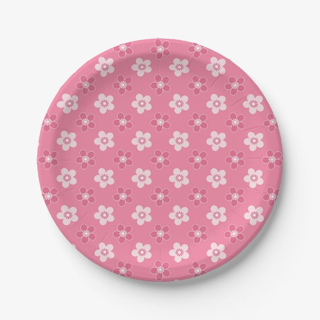  simple floral solid pink pattern retro small flow paper plates (Front)