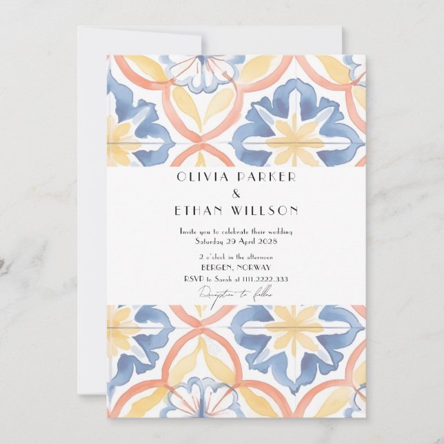 Simple Floral Summer Spanish Tiled Wedding Invitation (Front)