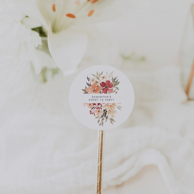 Simple Floral Sweet 16 Birthday Favor Classic Round Sticker (Creator Uploaded)