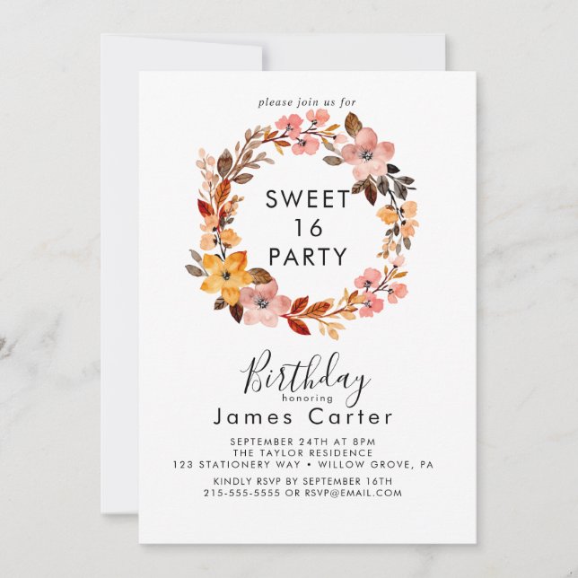 Simple Floral Sweet 16 Birthday Invitation (Front)