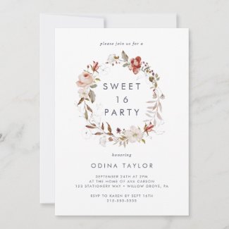 Simple Floral Sweet 16  Birthday Invitation