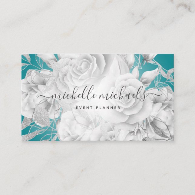Simple Floral Teal & Silver Modern Script  Business Card (Front)