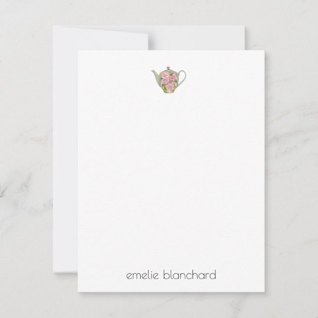 Simple Floral Teapot Personalized Note Card (Front)
