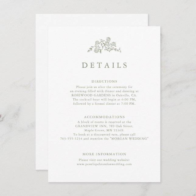 Simple Floral Timeless Sage Green Wedding Details  Enclosure Card (Front/Back)