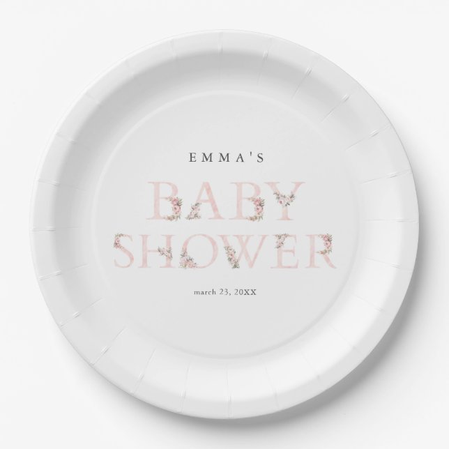 Simple Floral Typography Pink Baby Shower Paper Plates (Front)