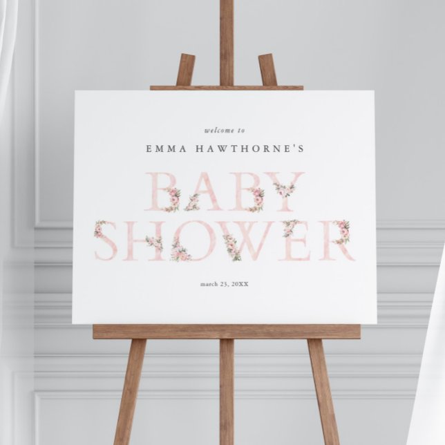 Simple Floral Typography Pink Baby Shower Welcome Foam Board (Elegant Floral Typography Pink Girls Baby Shower Welcome Sign Easel Board.)