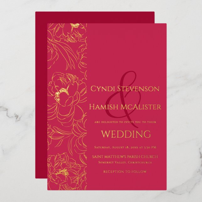 Simple Floral Viva Magenta Wedding Foil Invitation (Front/Back)