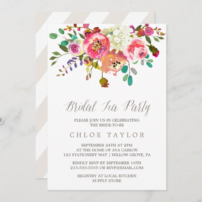 Simple Floral Watercolor Bouquet Bridal Tea Party Invitation (Front/Back)