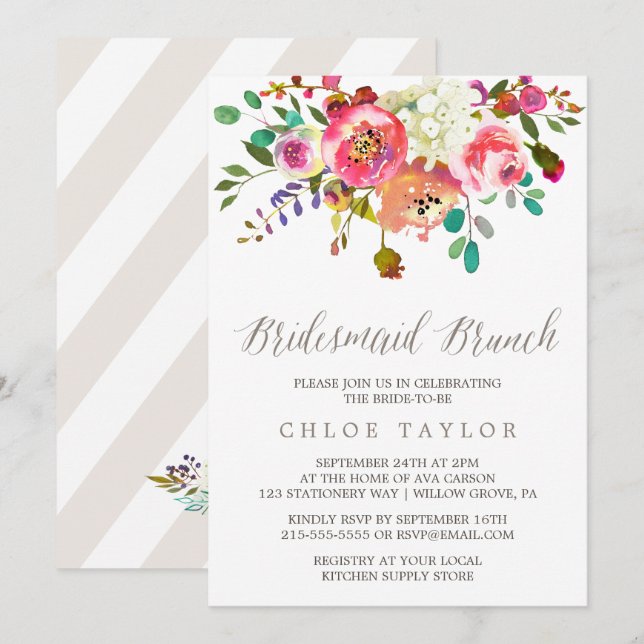 Simple Floral Watercolor Bouquet Bridesmaid Brunch Invitation (Front/Back)