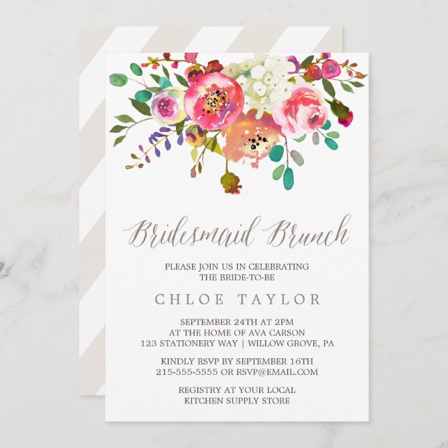 Simple Floral Watercolor Bouquet Bridesmaid Brunch Invitation (Front/Back)