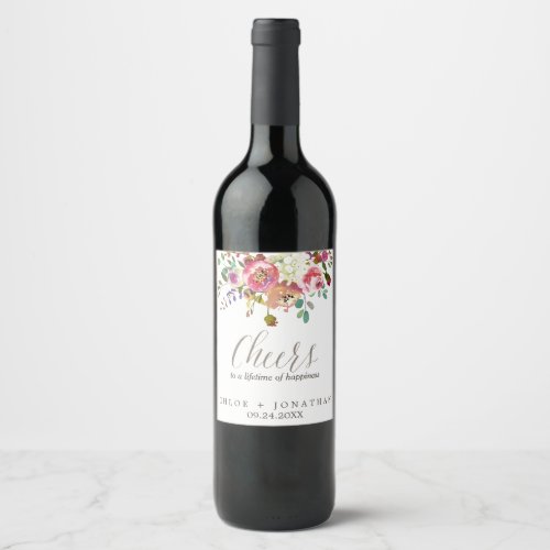 Simple Floral Watercolor Bouquet Cheers Wedding Wine Label