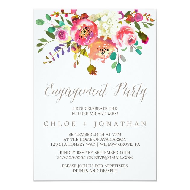 Simple Floral Watercolor Bouquet Engagement Party Invitation