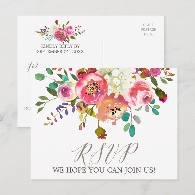 Simple Floral Watercolor Bouquet Menu Choice RSVP (Front/Back)