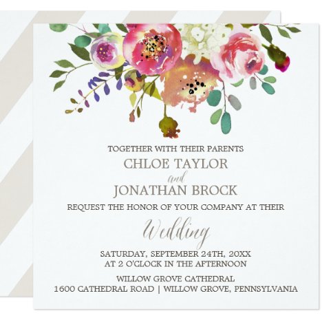 Simple Floral Watercolor Bouquet Square Wedding Invitation