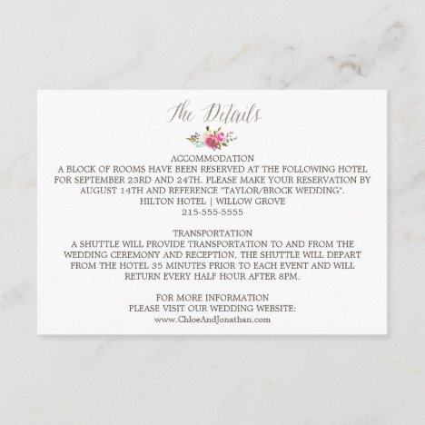 Simple Floral Watercolor Bouquet Wedding Details Enclosure Card