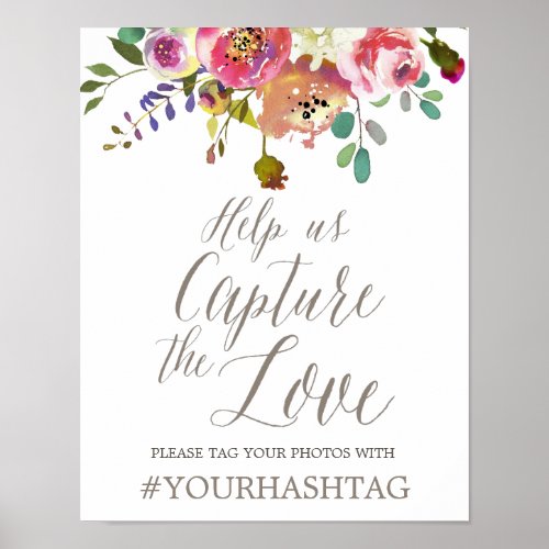 Simple Floral Watercolor Bouquet Wedding Hashtag Poster